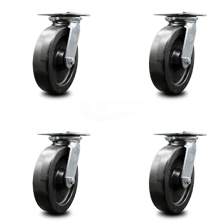 Heavy Duty Large Top Plate Polyolefin Swivel Caster w/Main. Free Bearings Set of 4 w/8" x 2" Black Wheels - Includes 4 Swivel - 3600 lbs Total Capacity - Service Caster Brand